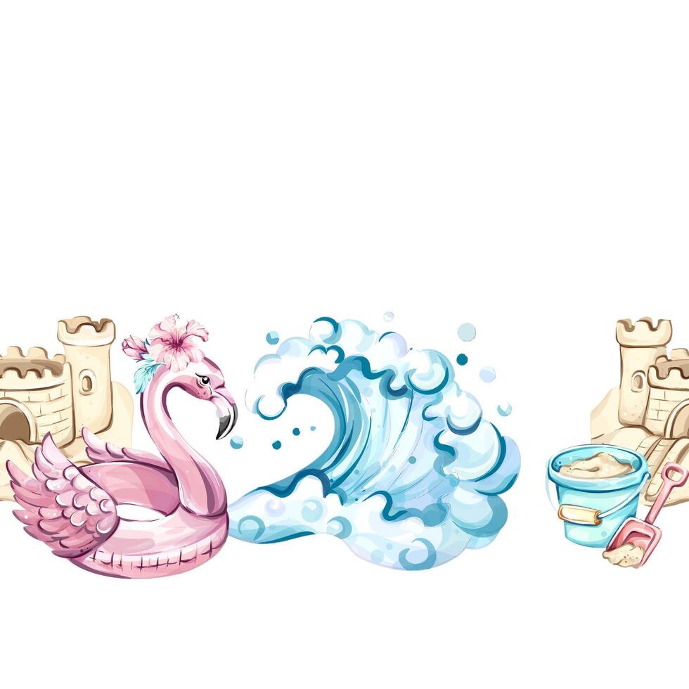 A vibrant seamless pattern featuring a decorative flamingo float, playful beach elements like sandcastles and waves, captures the essence of summer vacations and festive vibes. vector