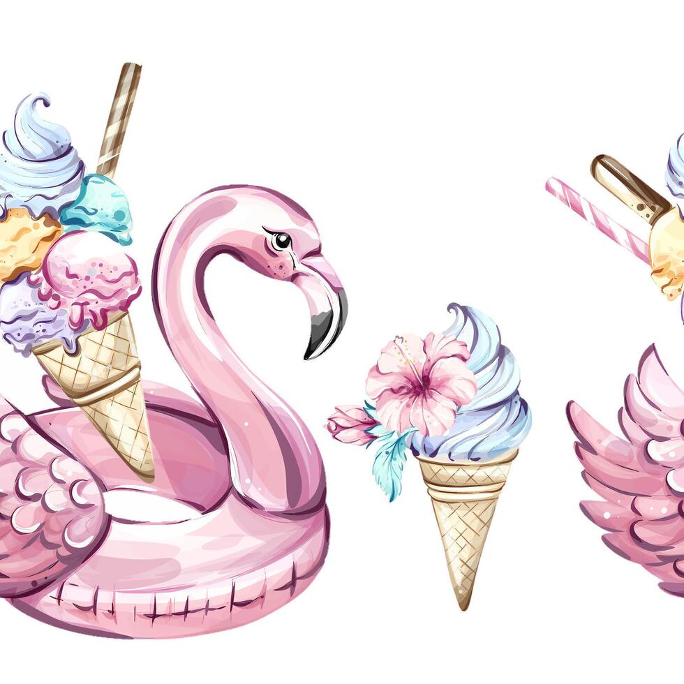 Tropical vibes flourish with a seamless pattern showcasing colorful ice cream cones, vibrant hibiscus flowers, and a charming flamingo float. Perfect for summer themes and vacation dreams. vector
