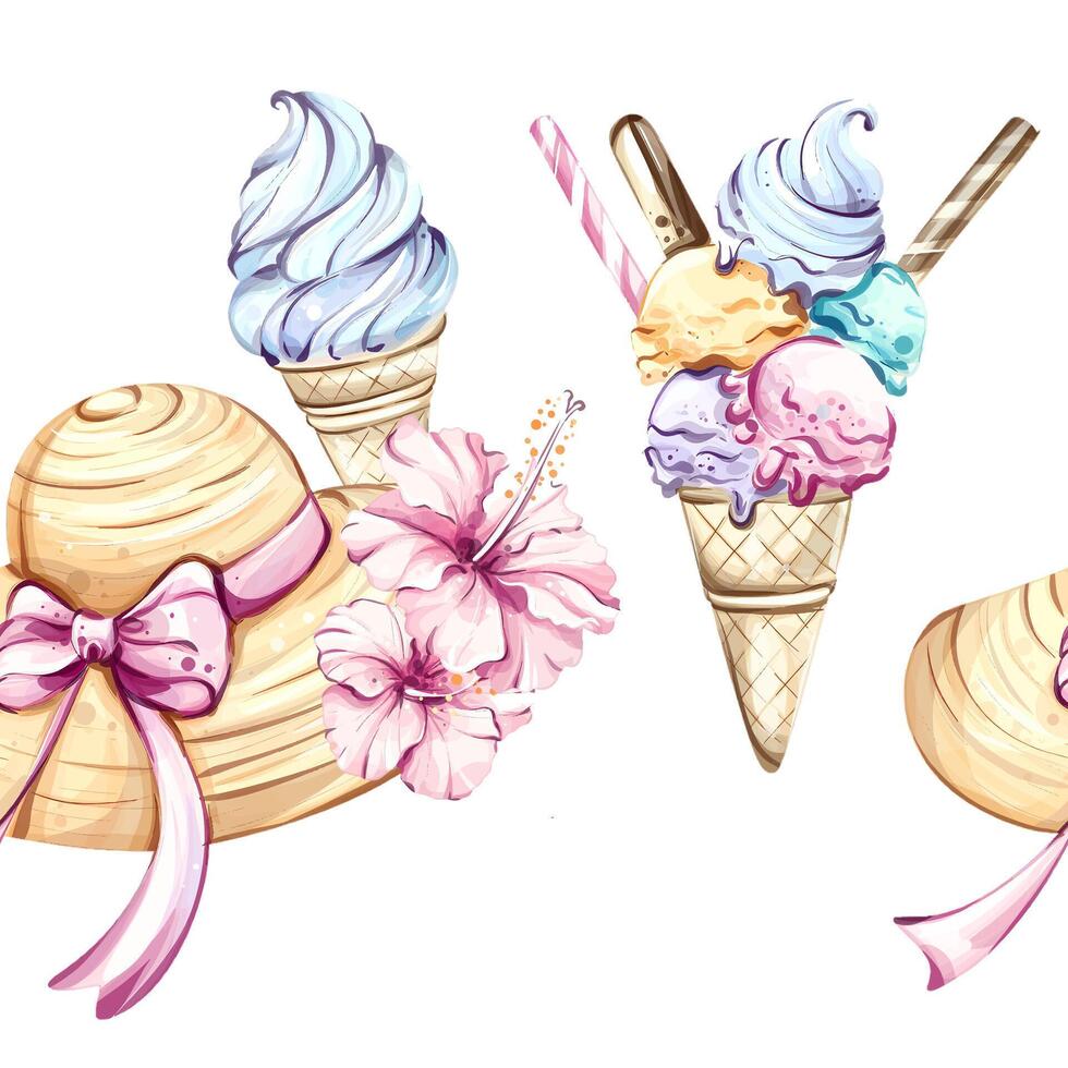 A lively collection of summer elements featuring fun straw hats with bows and colorful ice cream cones, creating a joyful vibe perfect for vacations and celebrations. vector