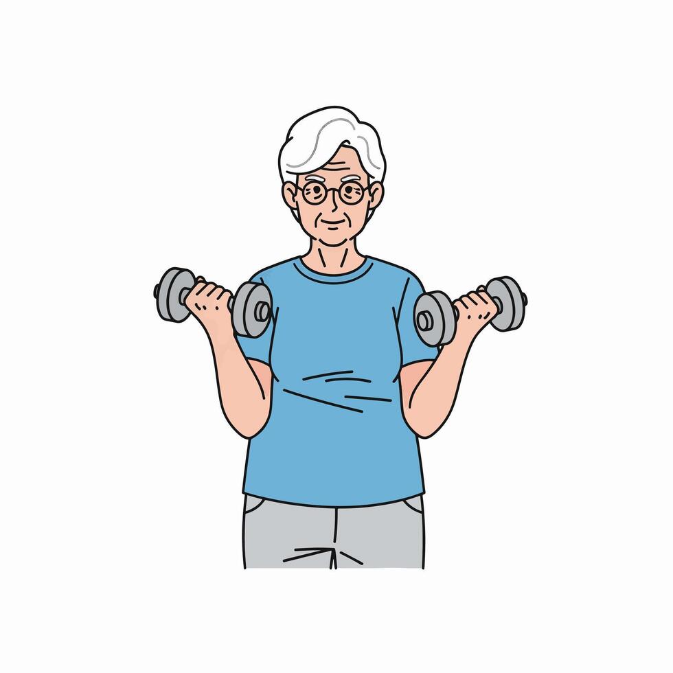 Elderly Woman Performing Bicep Curls With Dumbbells For Strength Training Exercise Routine vector