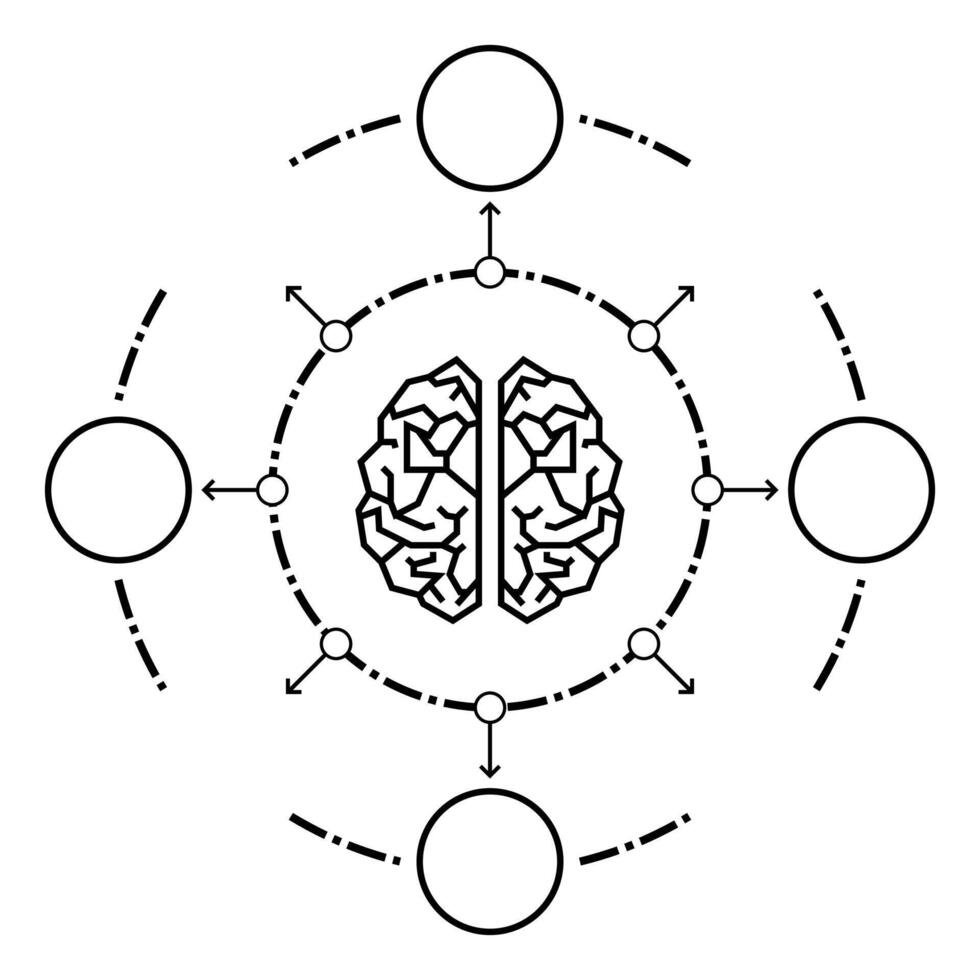 Stylized brain diagram with tech nodes and arrows in circular layout, ideal for AI, neural networks, cognitive science, data flow, or digital innovation themes. vector