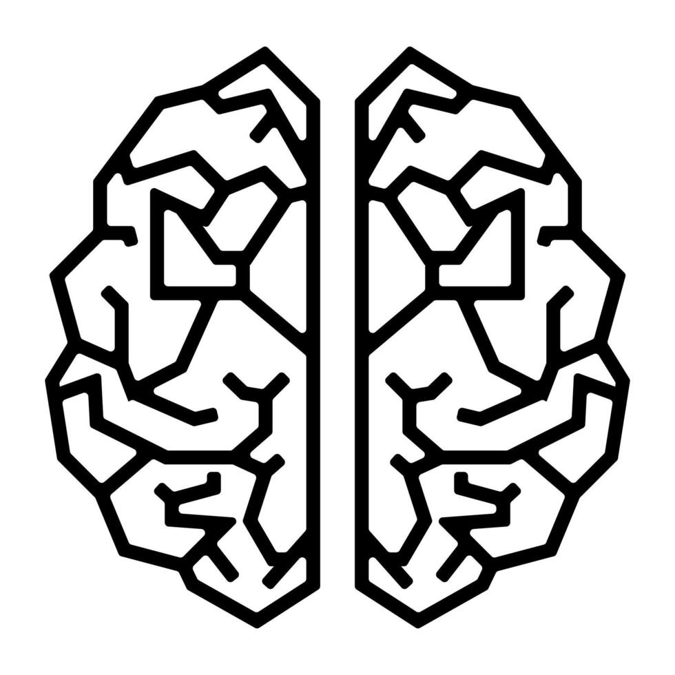 Geometric brain design with bold lines and mirrored symmetry, ideal for AI, neuroscience, cognitive science, psychology, or tech branding and editorial content. vector