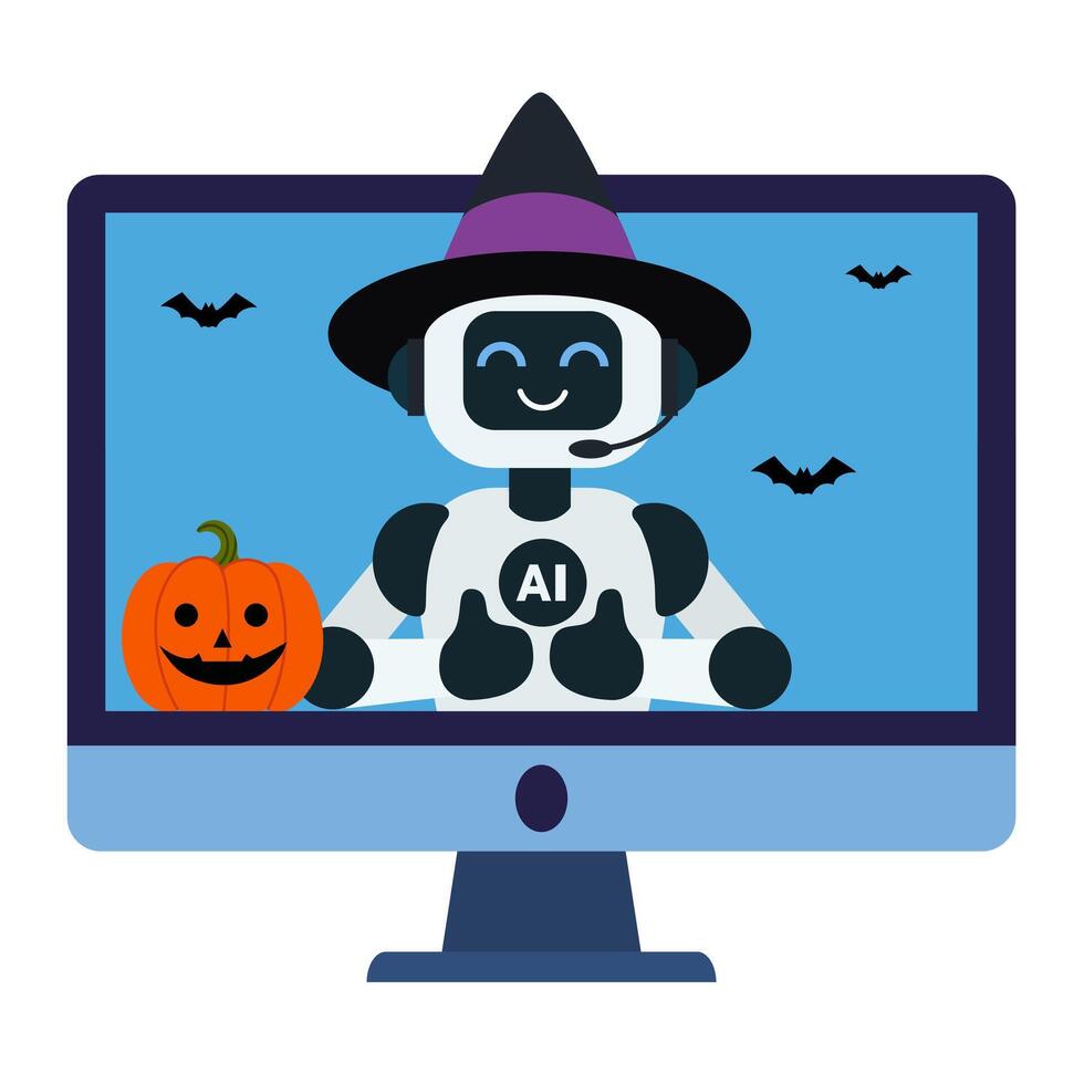 AI robot character is appearing on a computer screen, celebrating Halloween vector