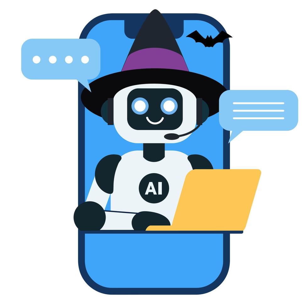 AI robot, chat bot with witch hat working on a laptop inside a smartphone screen vector