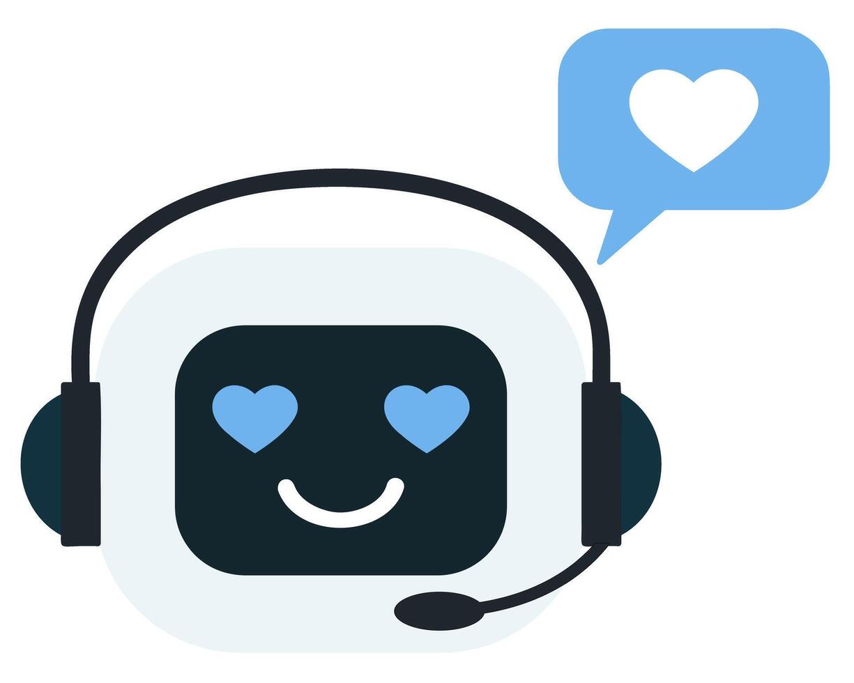 AI robot character smiling with heart shaped eyes and a speech bubble containing a heart symbol vector