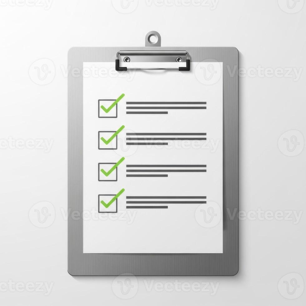 Clipboard checklist with green checkmarks and lines for tasks completed ready for use isolated on white background photo
