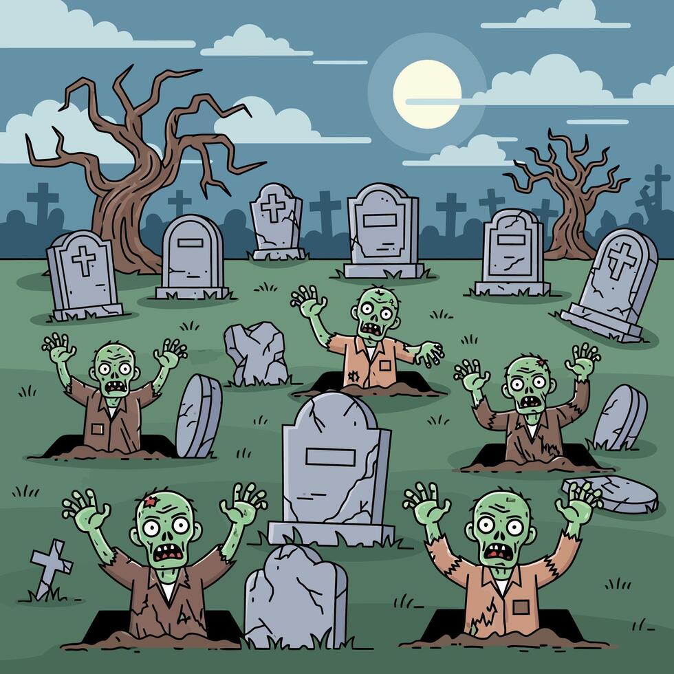 Cartoon Zombies Emerging from Graves Under a Full Moon in a Spooky Graveyard Setting vector