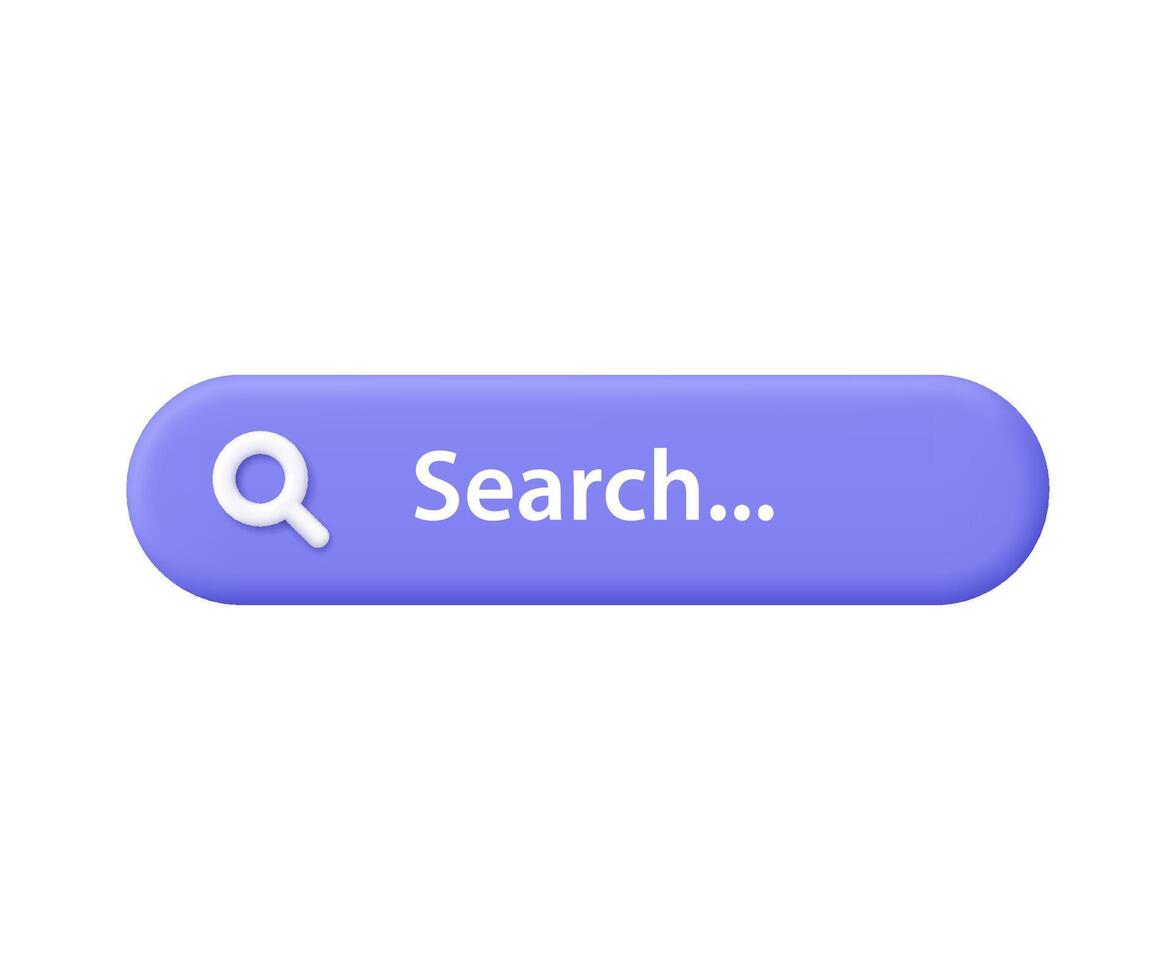 Purple search bar with magnifying glass and text. Technology, web search, online browsing, internet query and user interface concept. 3d icon. Cartoon minimal style. vector