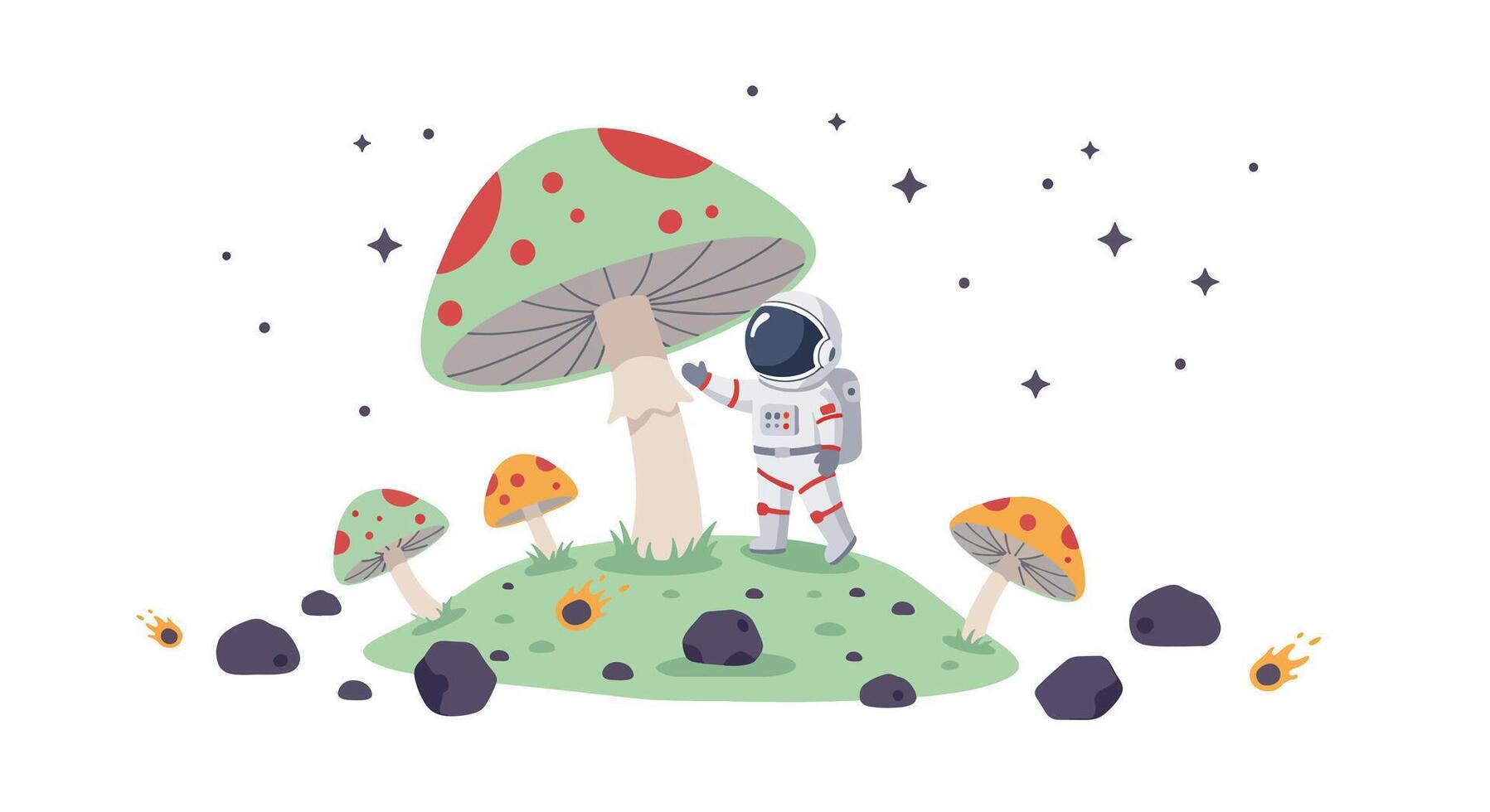 Astronaut exploring a whimsical mushroom landscape in outer space. vector