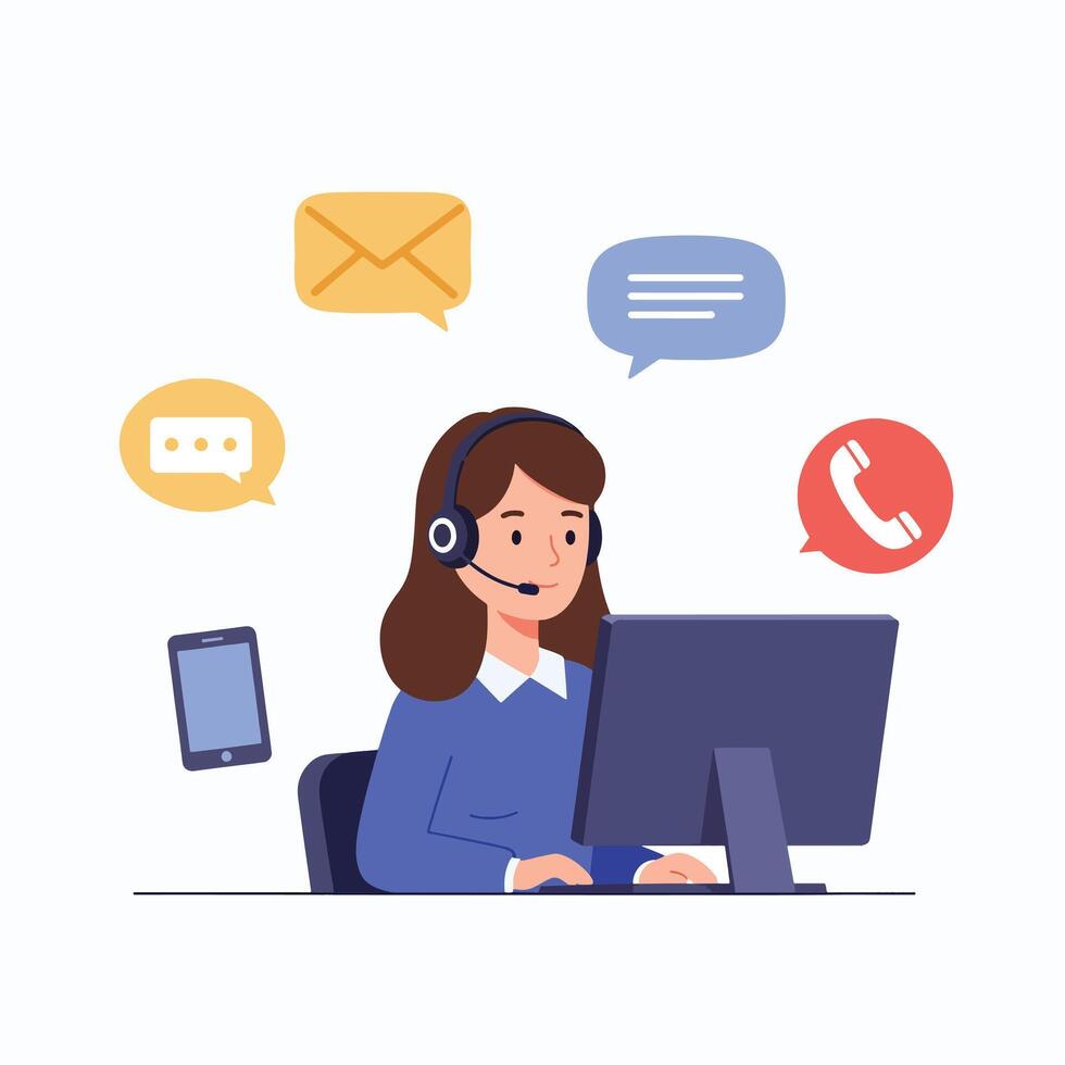 cliente Servicio representante trabajando a computadora con comunicación iconos vector