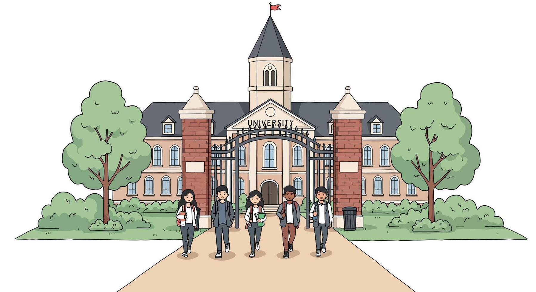 Diverse group of students walking towards a grand university building with trees and bushes. vector