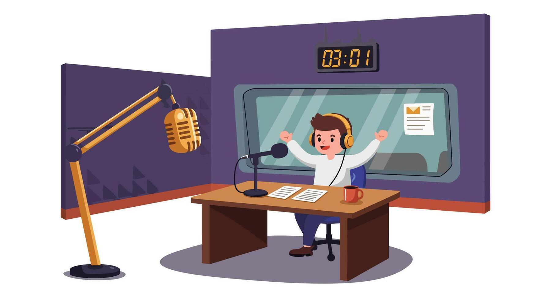 Enthusiastic radio host broadcasting live from a studio with microphone and equipment. vector
