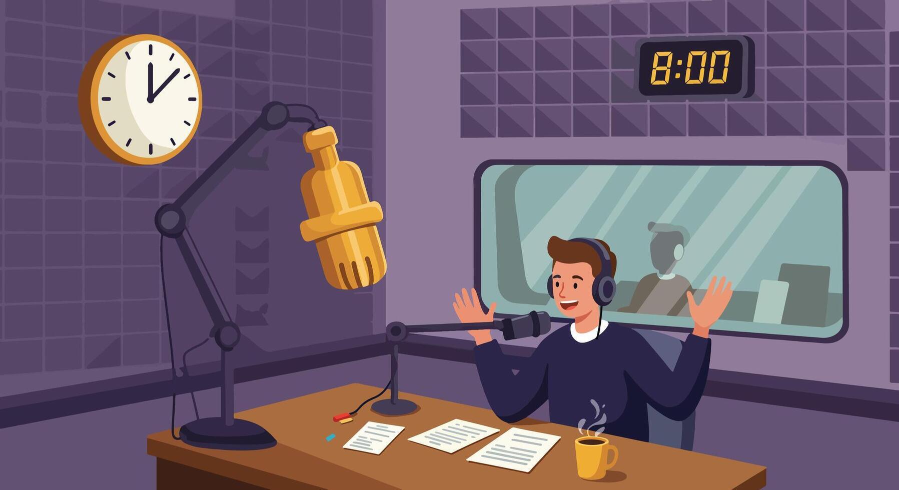 Radio Host Speaking into Microphone in Studio with Clock and Digital Timer. vector