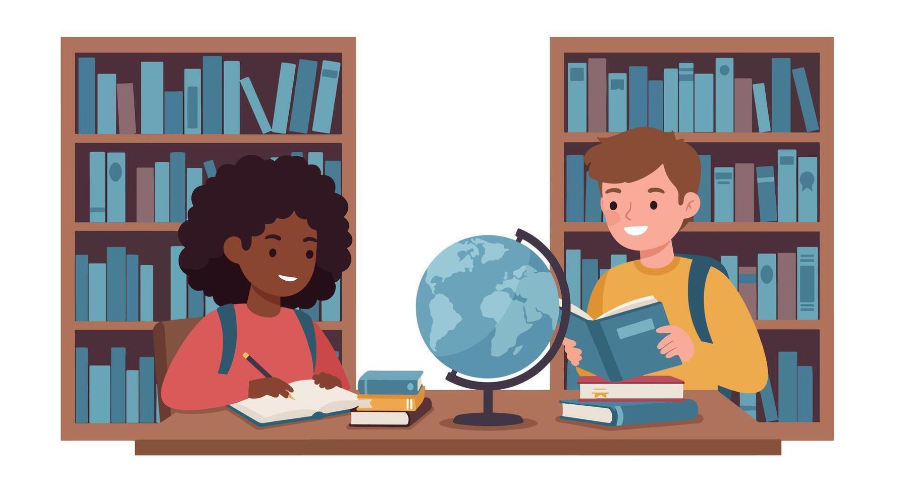 Two diverse children studying at a table with a globe and bookshelves. vector