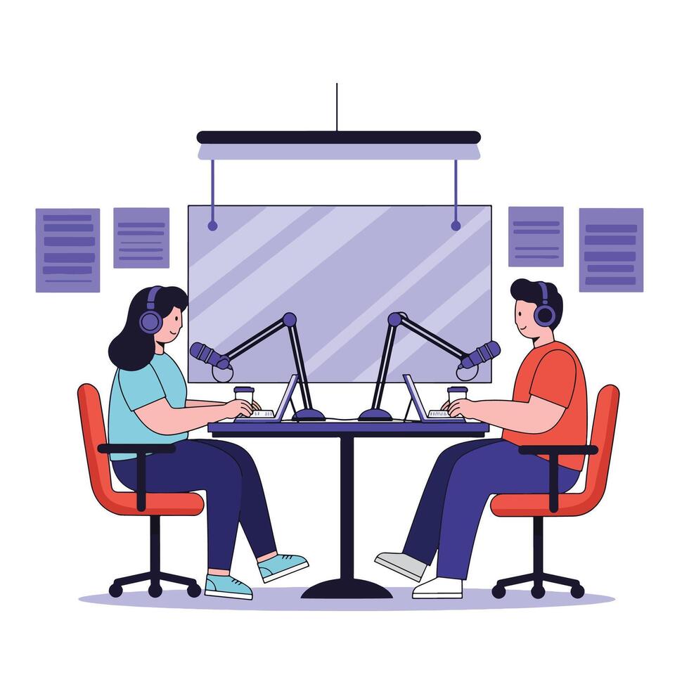 Two people recording a podcast interview with microphones and computers. vector