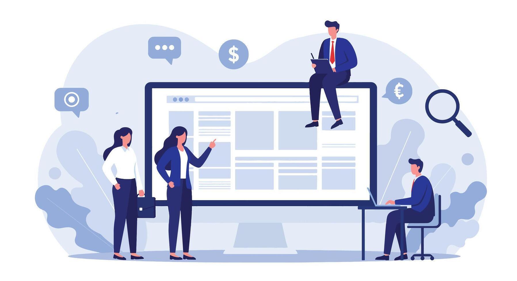 Business Team Collaborating Around Large Computer Screen. vector