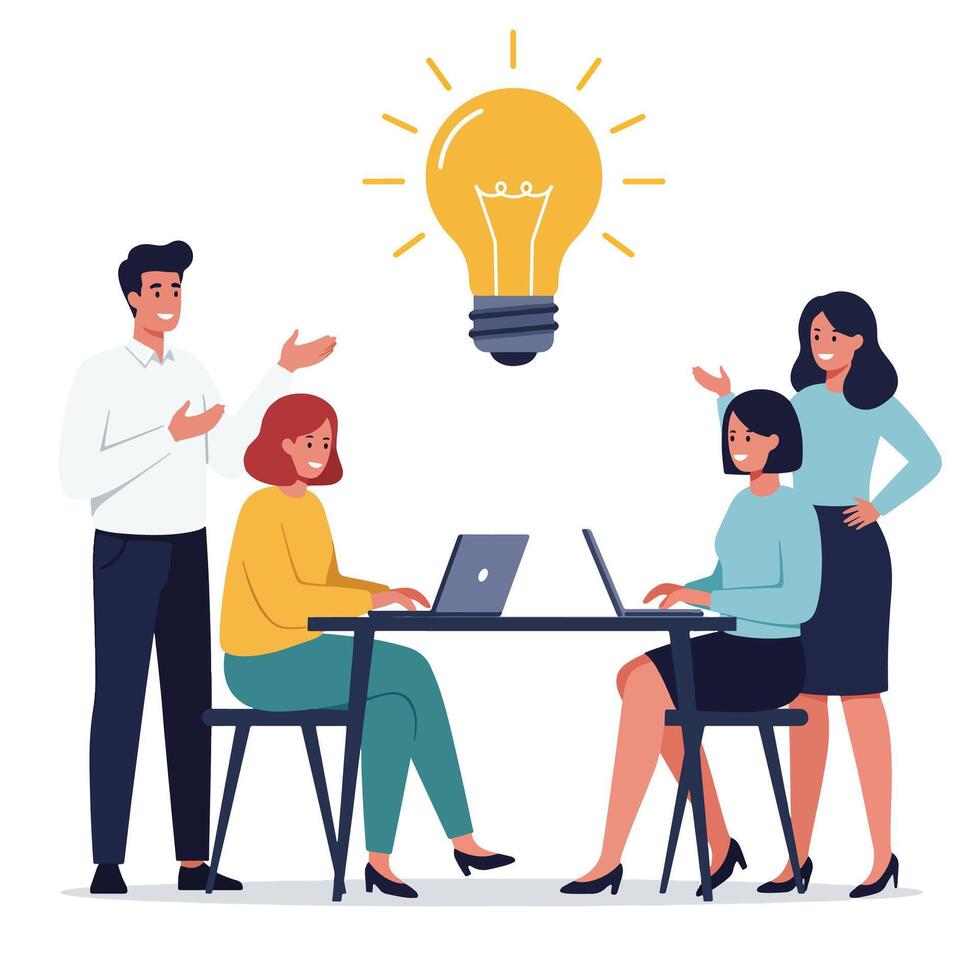 Team Brainstorming Session with Bright Idea Lightbulb. vector