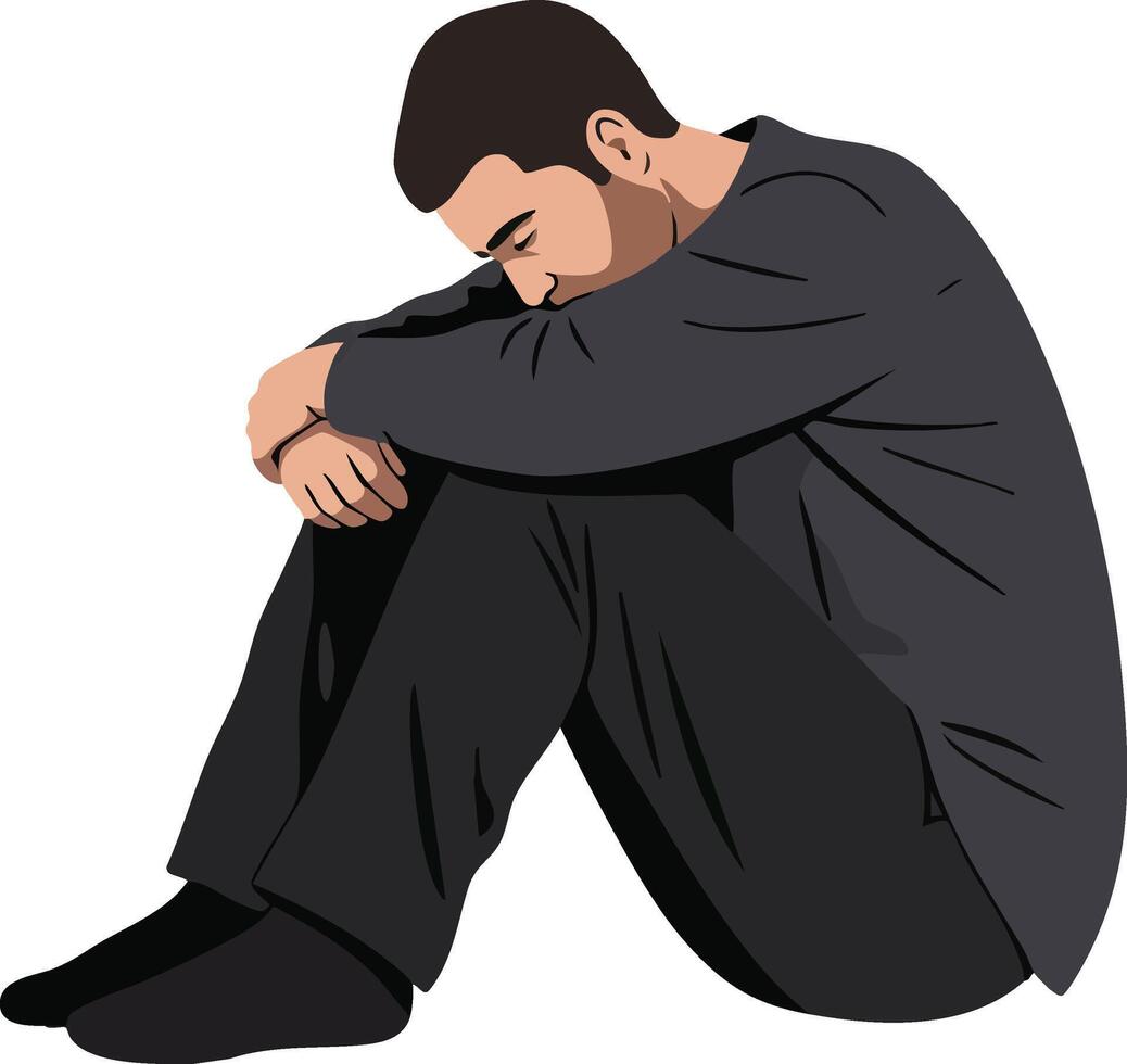 Man sitting on floor with head resting on knees expressing sadness and introspection illustration vector