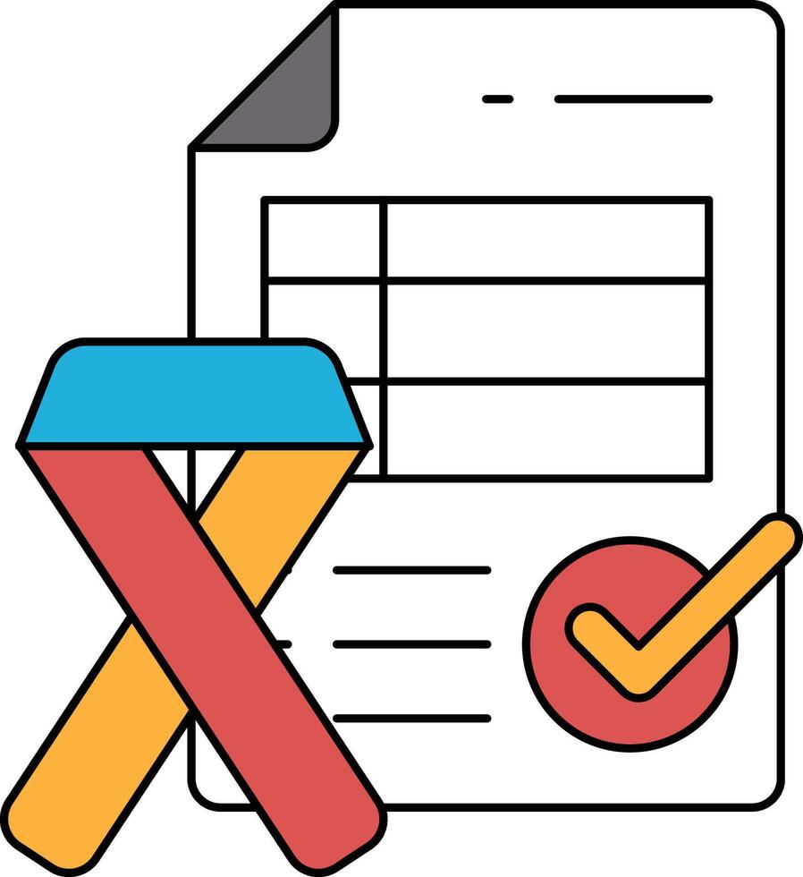 A white and black image of a check mark on a piece of paper with a ribbon vector