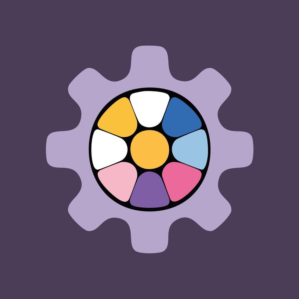 Vibrant pastel color palette organized within a mechanical gear icon, symbolizing customization, creative settings, and adaptable design options for digital interfaces and technological development vector