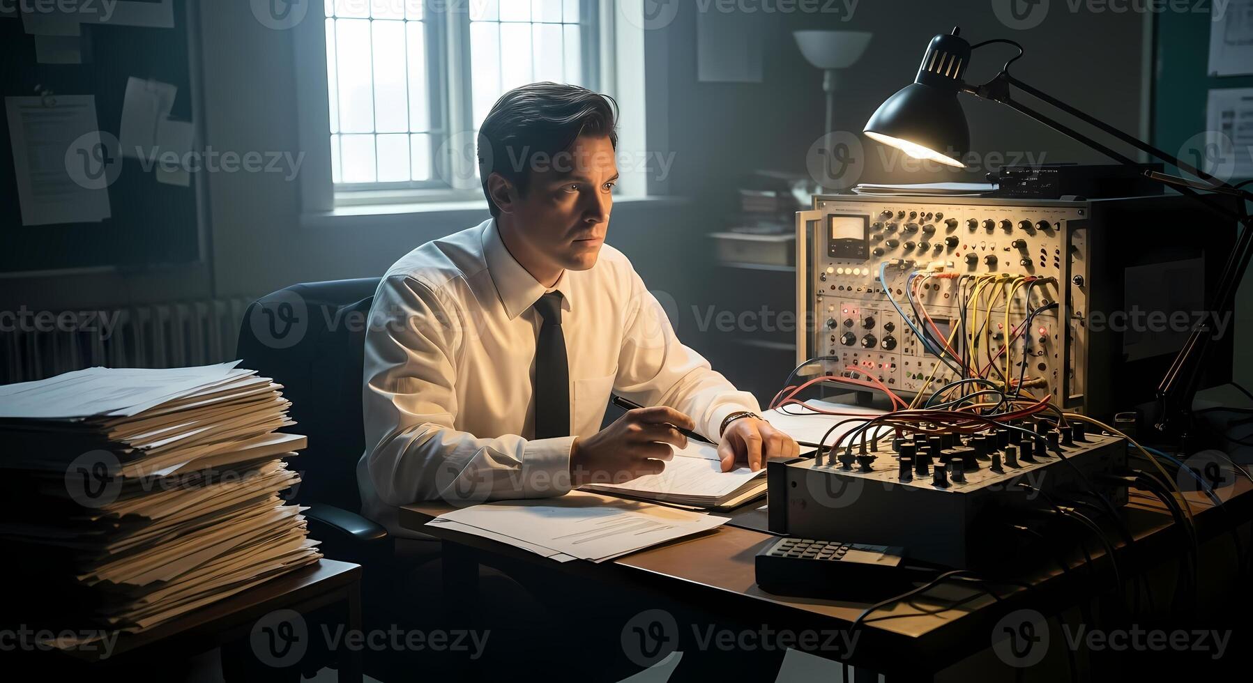 Retro Scientist Working with Vintage Analog Synthesizer and Stack of Papers photo