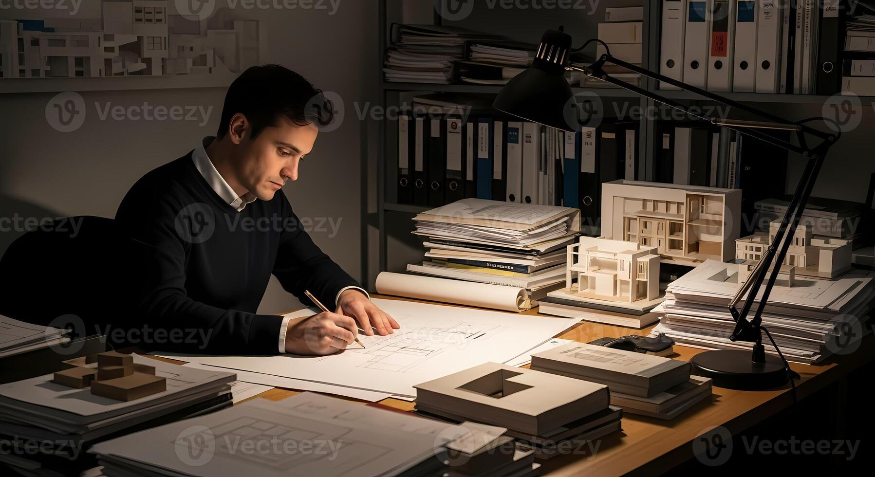 Architect working late at desk with building models and blueprints drafting a new design in a dimly lit studio Professional creative focused and dedicated to architectural planning photo