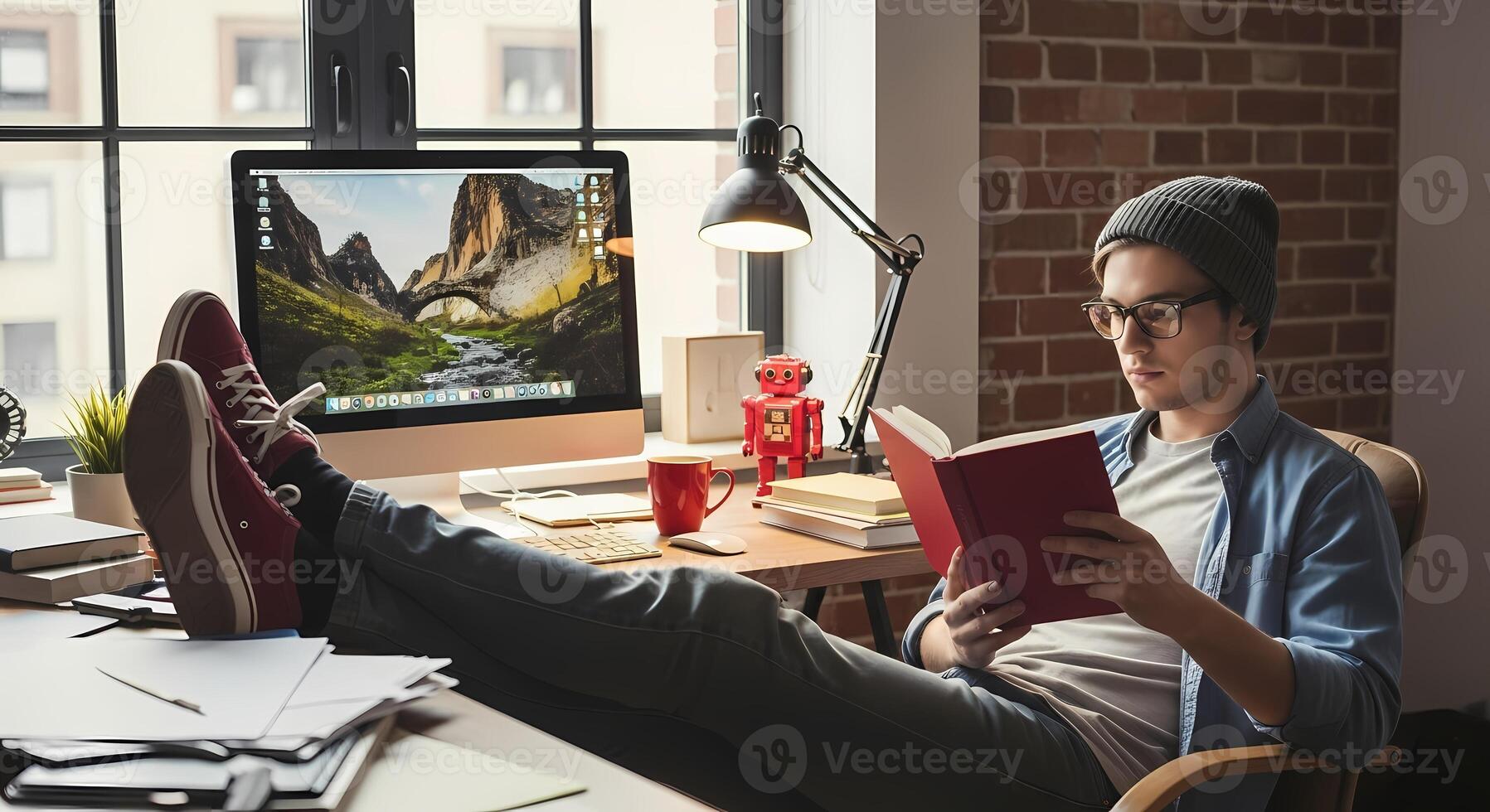 Young man with glasses and beanie reading a book at his desk with mac computer red robot toy and stack of books Casual home office or study setup photo