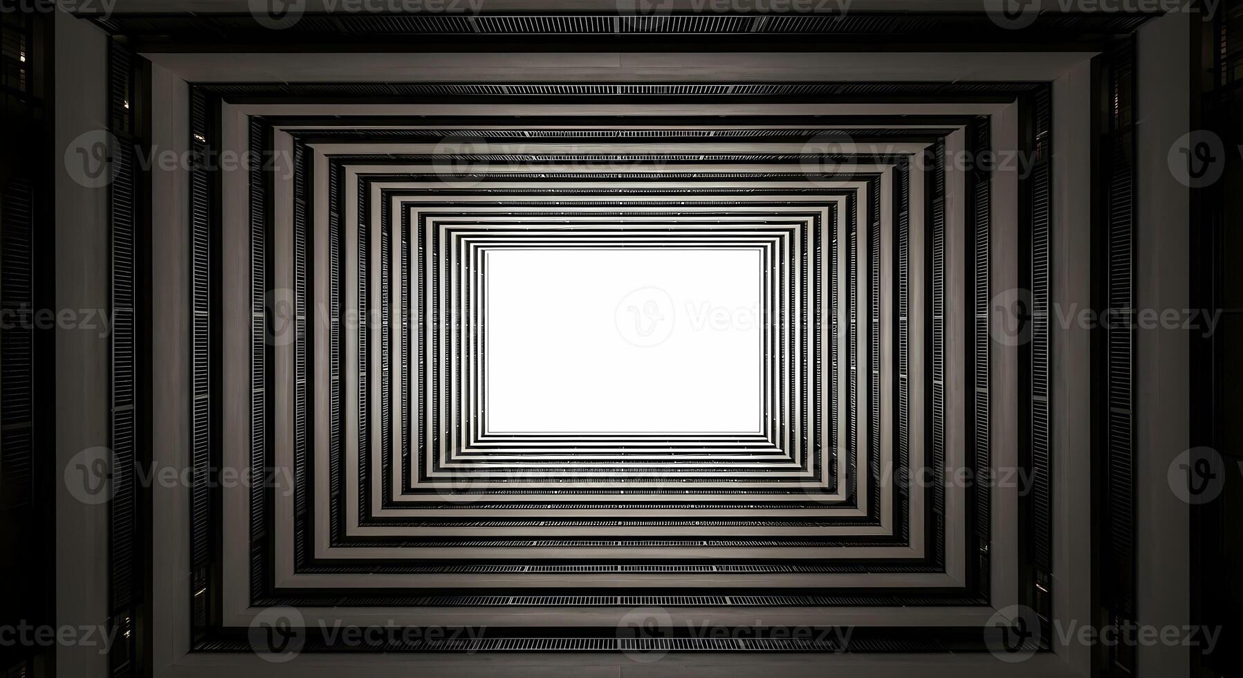 Geometric perspective of a modern building's atrium looking up towards the sky, abstract architecture pattern, ceiling photo