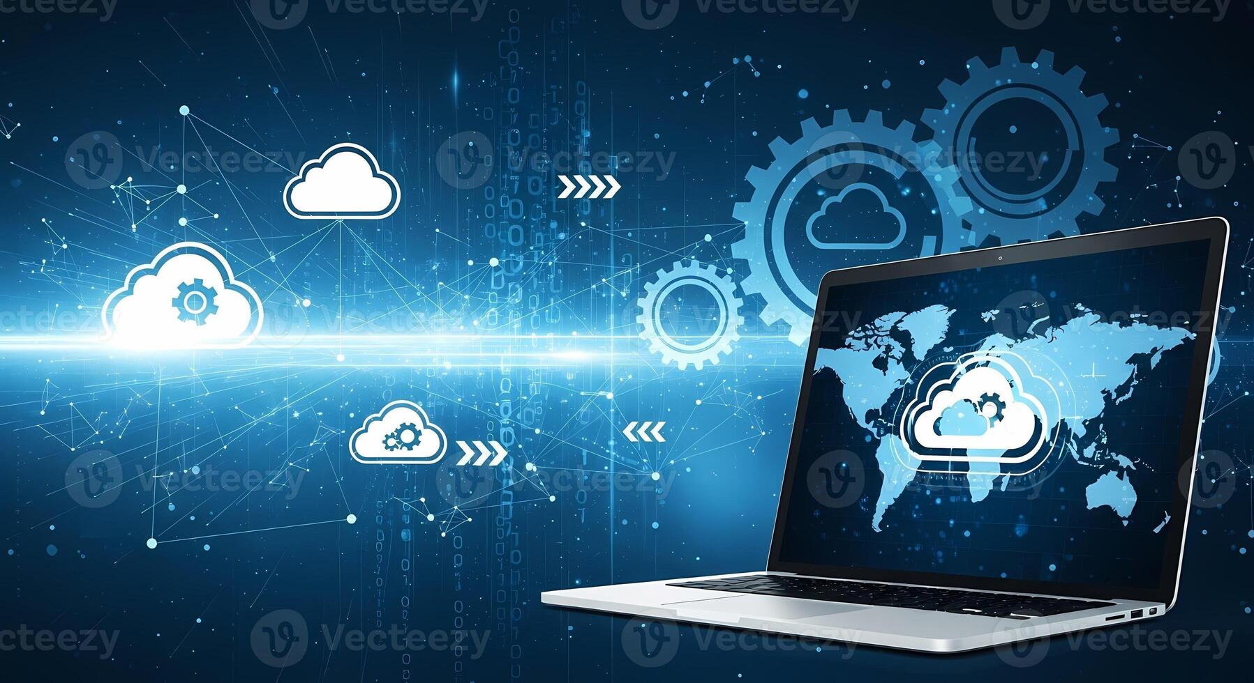 Cloud Computing Network Technology Laptop World Map Global Connection Data Transfer, innovation photo