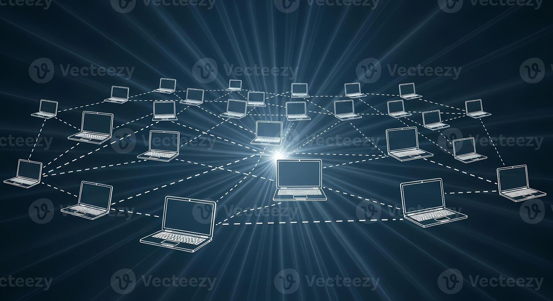 Connected laptops forming a network, digital technology, global communication, data science abstract background photo