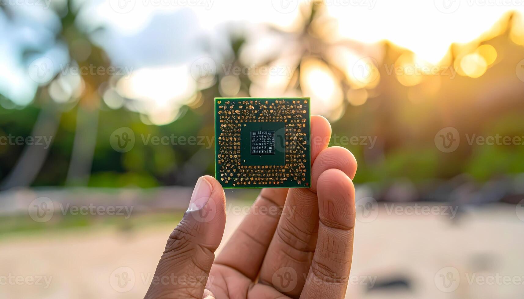 Hand Holding Microprocessor CPU Chip with Blurred Tropical Background at Sunset, computing photo