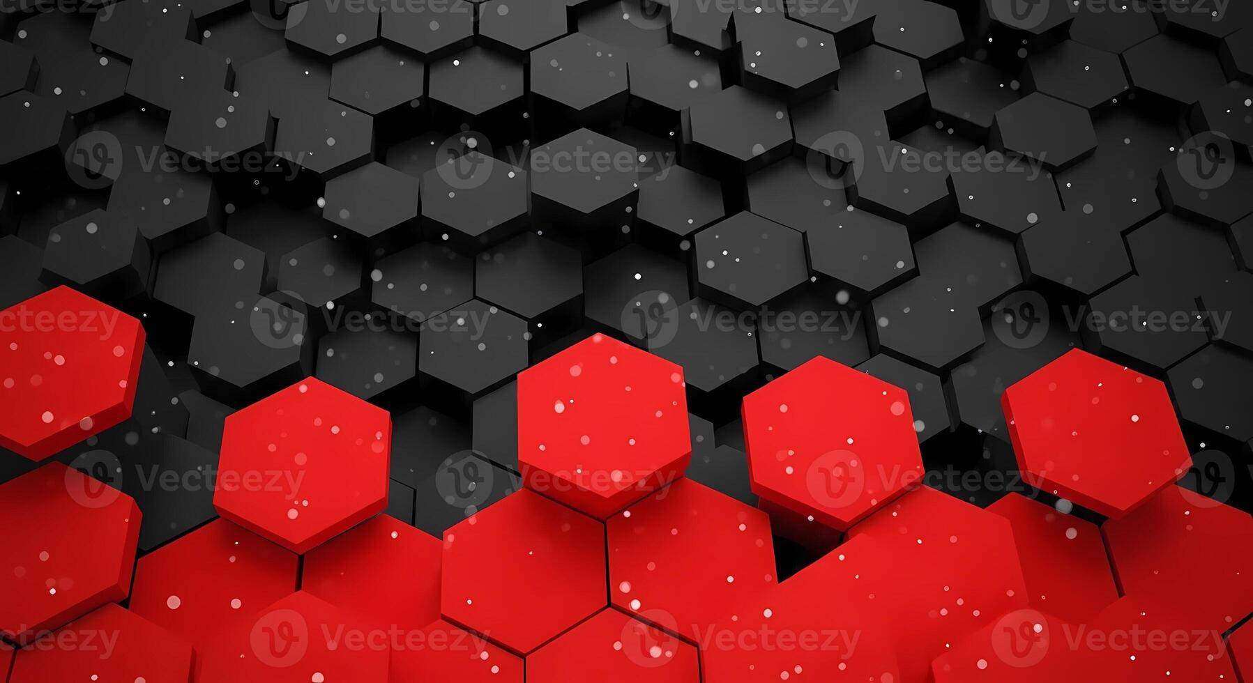 Abstract Dark Red Hexagons Background with Floating Particles and Bokeh Lights, surface photo