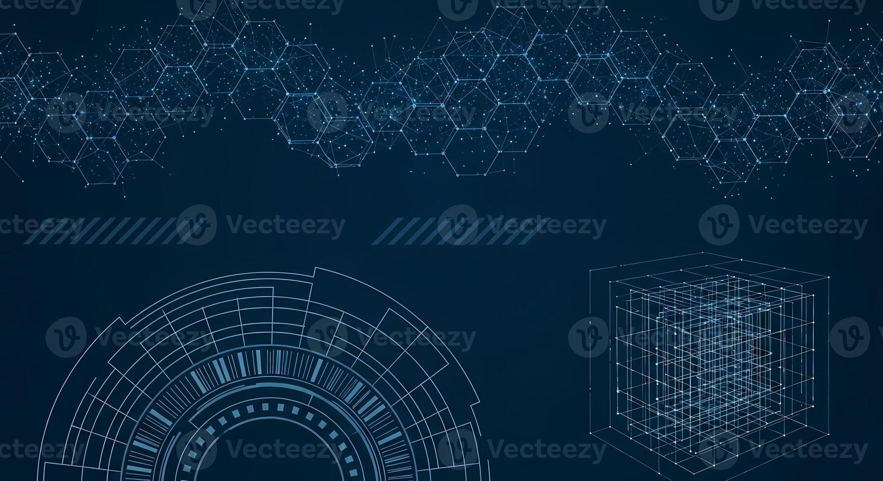 Abstract Technology Network Background with Futuristic Hexagons and Data Cube, molecular photo