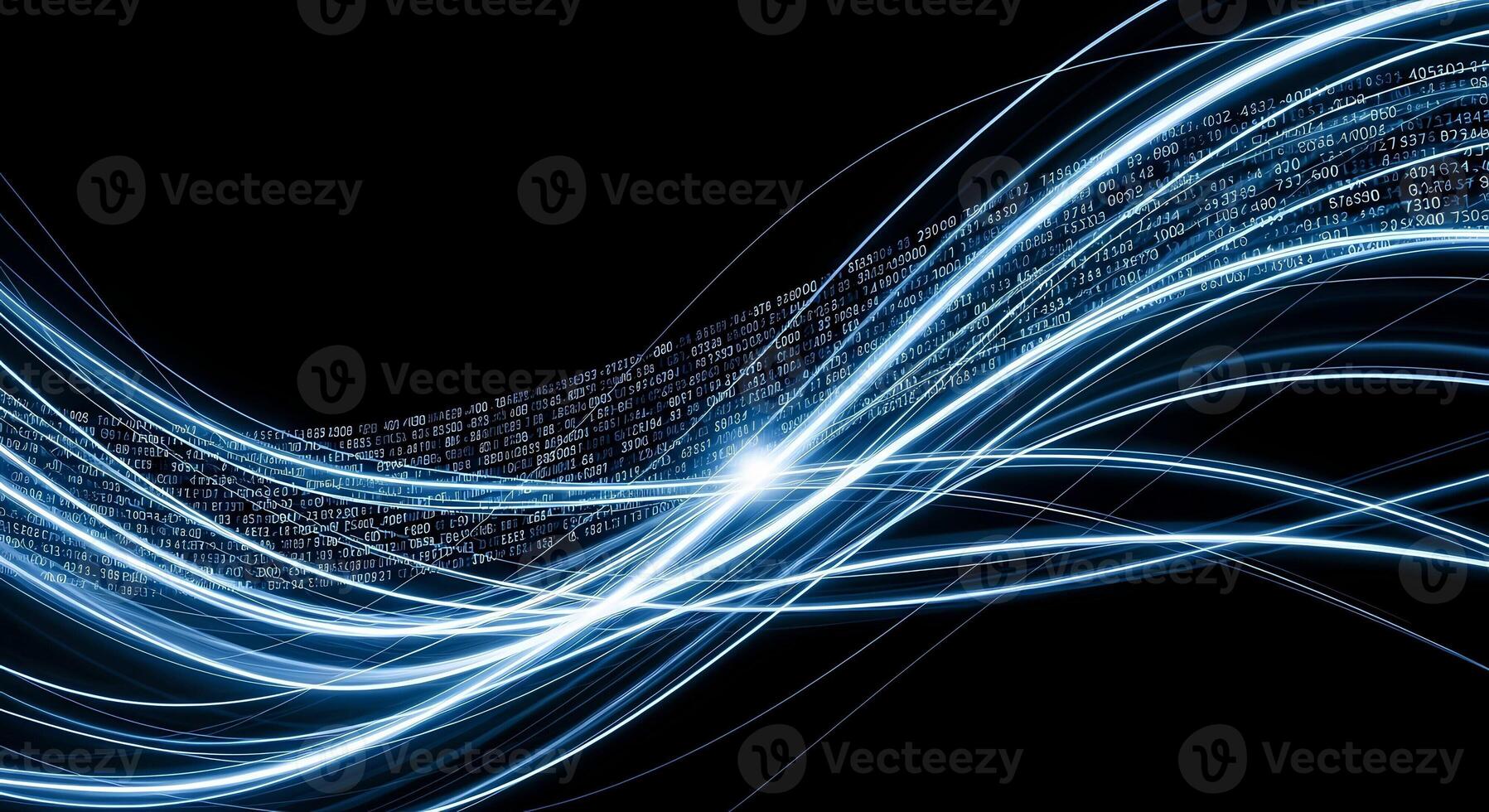 Digital Data Stream Abstract Blue Light Trails with Binary Code on Black Background, data flow photo