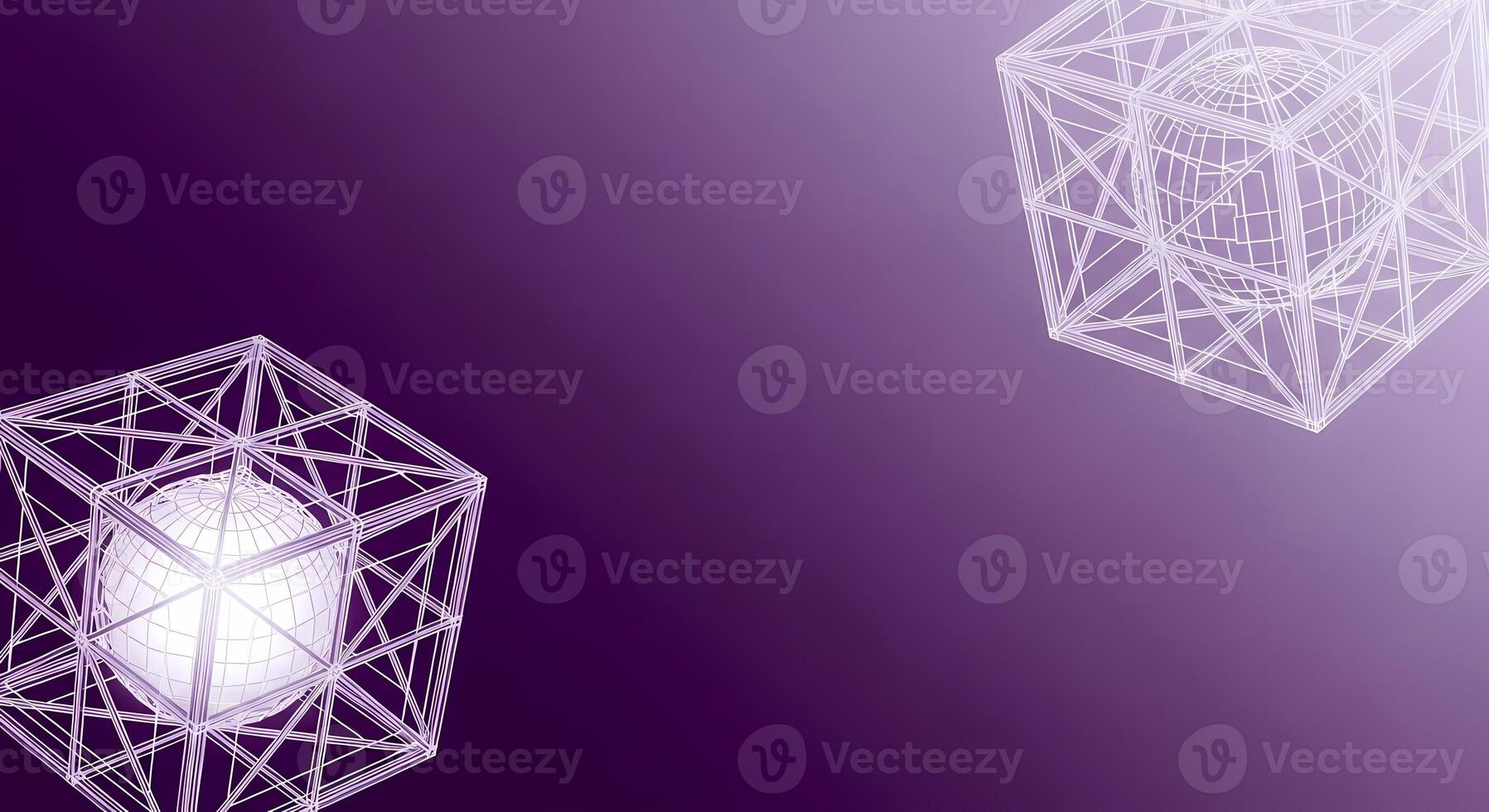 Wireframe Geometric Cube Frame Encasing Sphere, Abstract Technology Concept on Purple Gradient photo