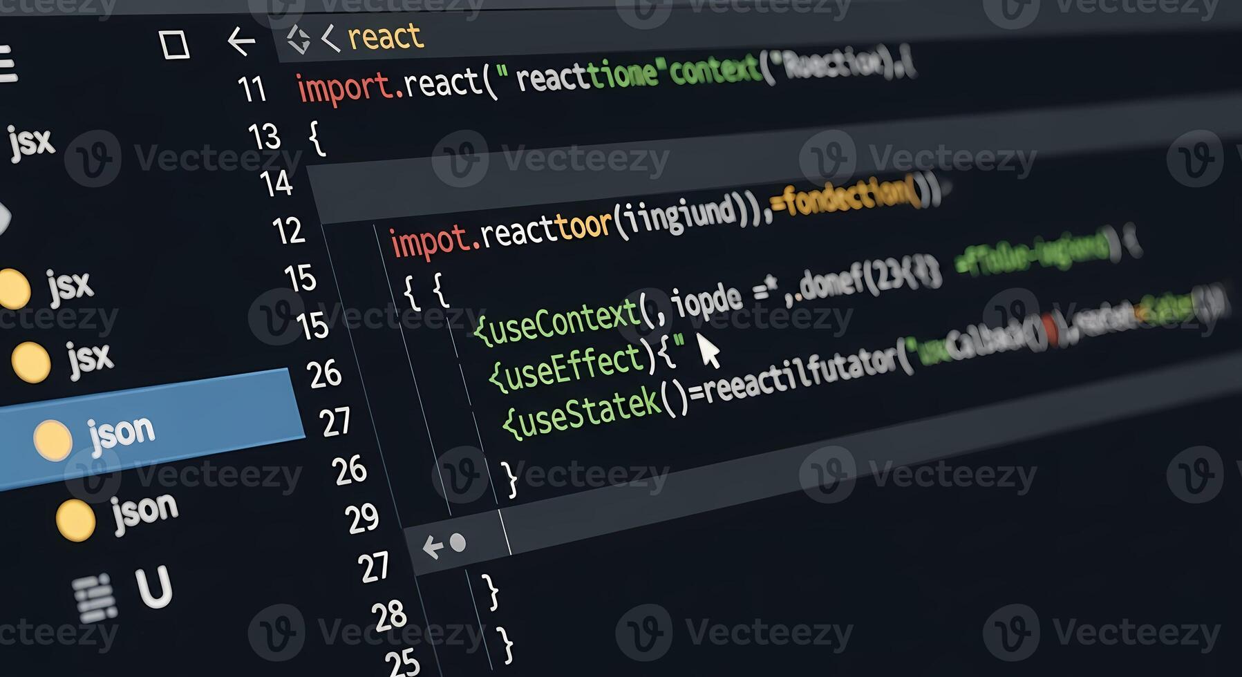 React Code Snippet JSX, JSON, Hooks and Context in IDE for Web Development., UI photo
