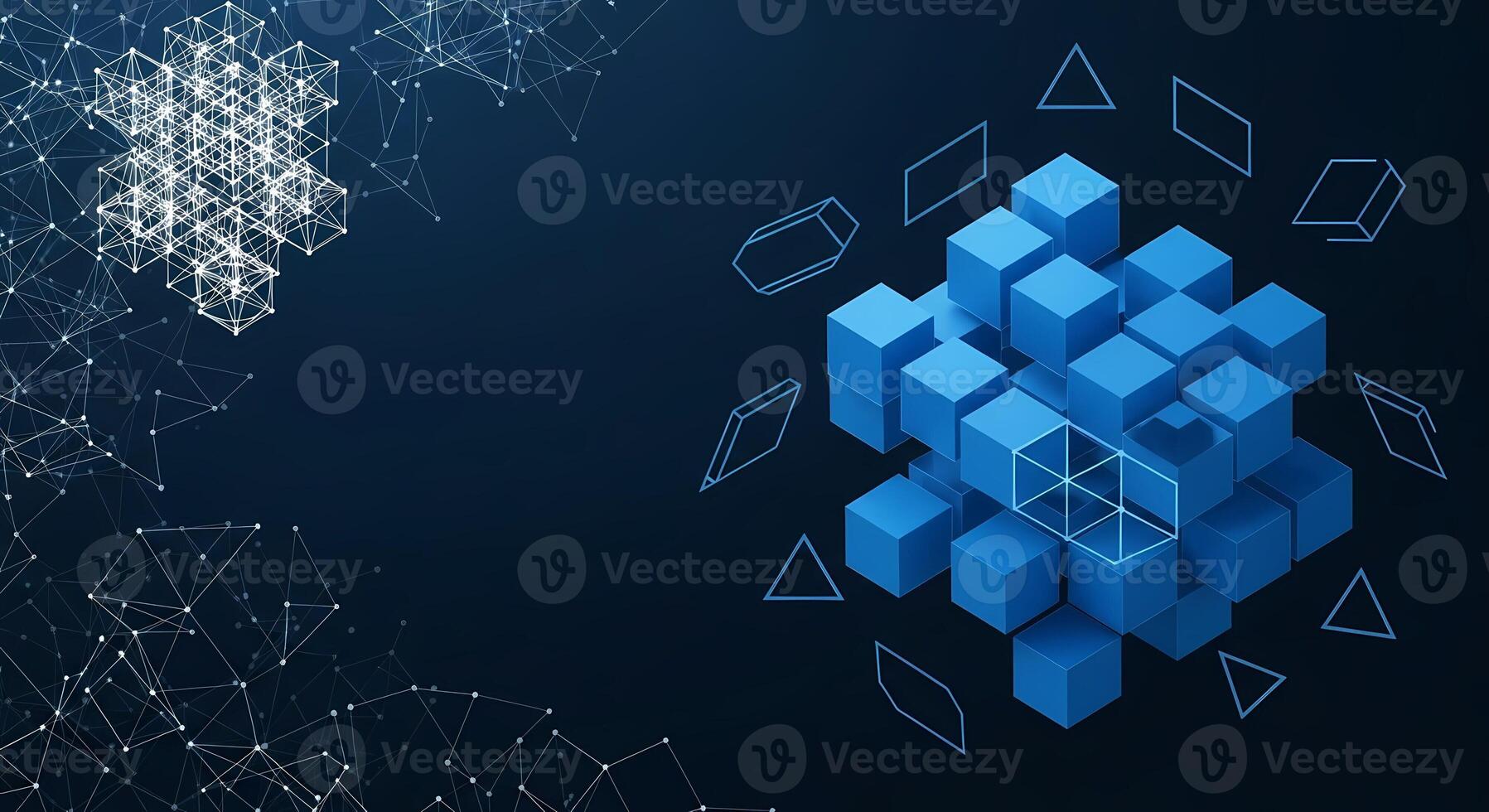 Abstract Blue Cubes and Geometric Network Data Visualization on Dark Blue Background Representing Technology Science and AI Concepts photo