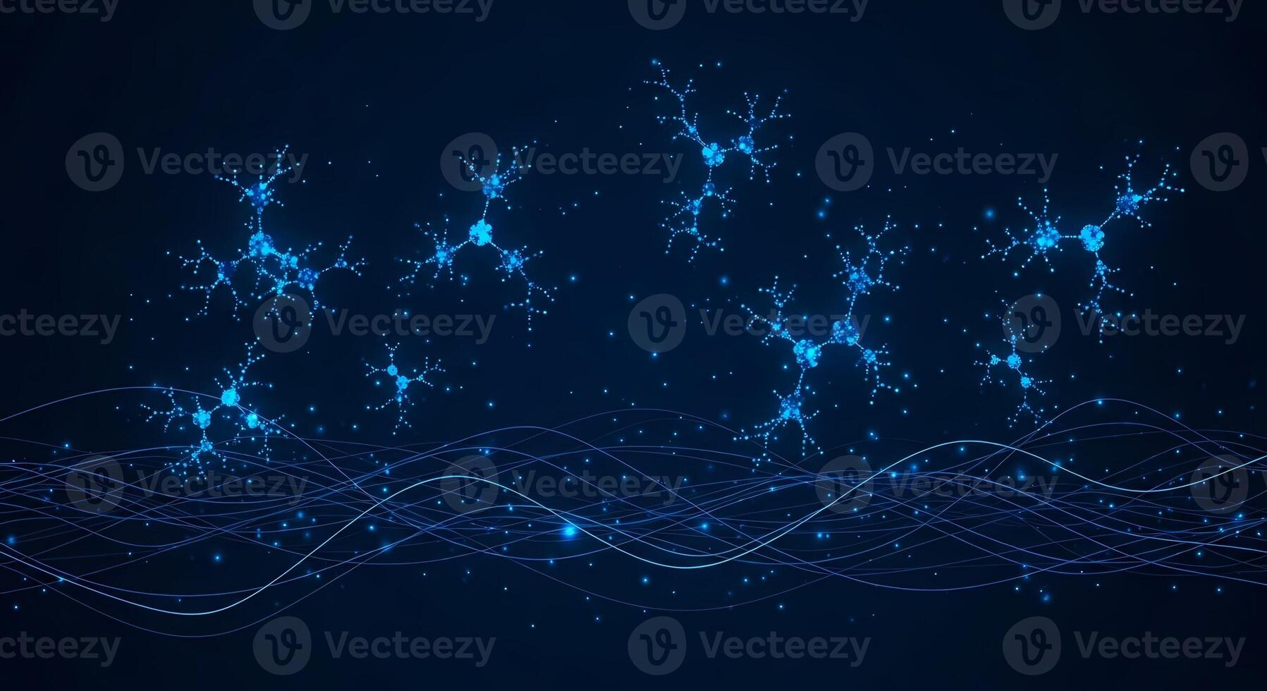 Abstract Digital Network Glowing Blue Neural Connections and Data Streams on Dark Background photo