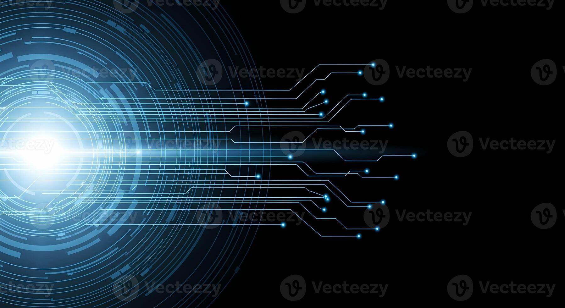 Futuristic Blue Digital Circuit Board Loop Tunnel with Light Trails and Data Flow photo