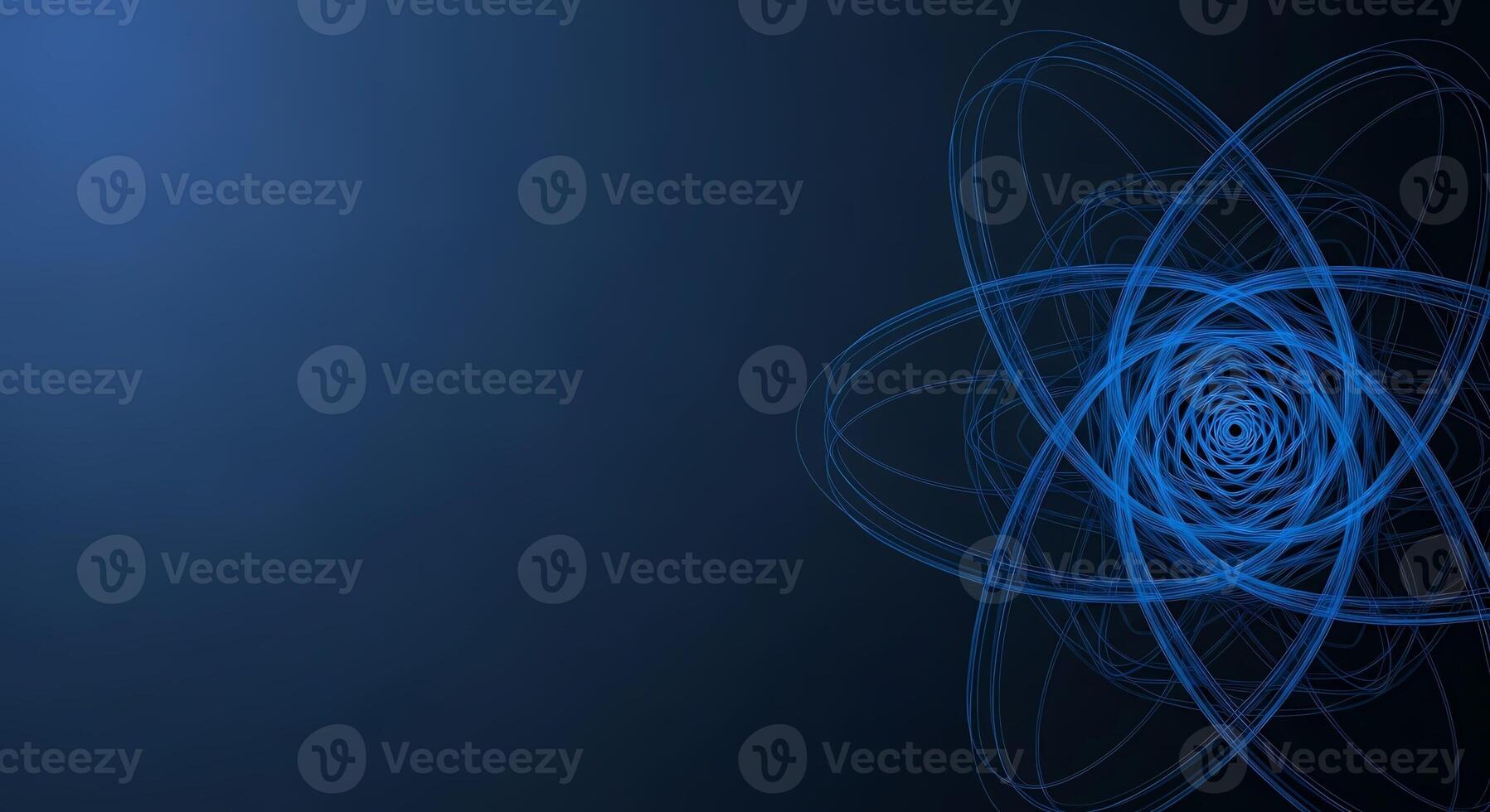 Abstract glowing blue fractal atom orbits on a dark blue gradient background representing technology science and complex systems photo