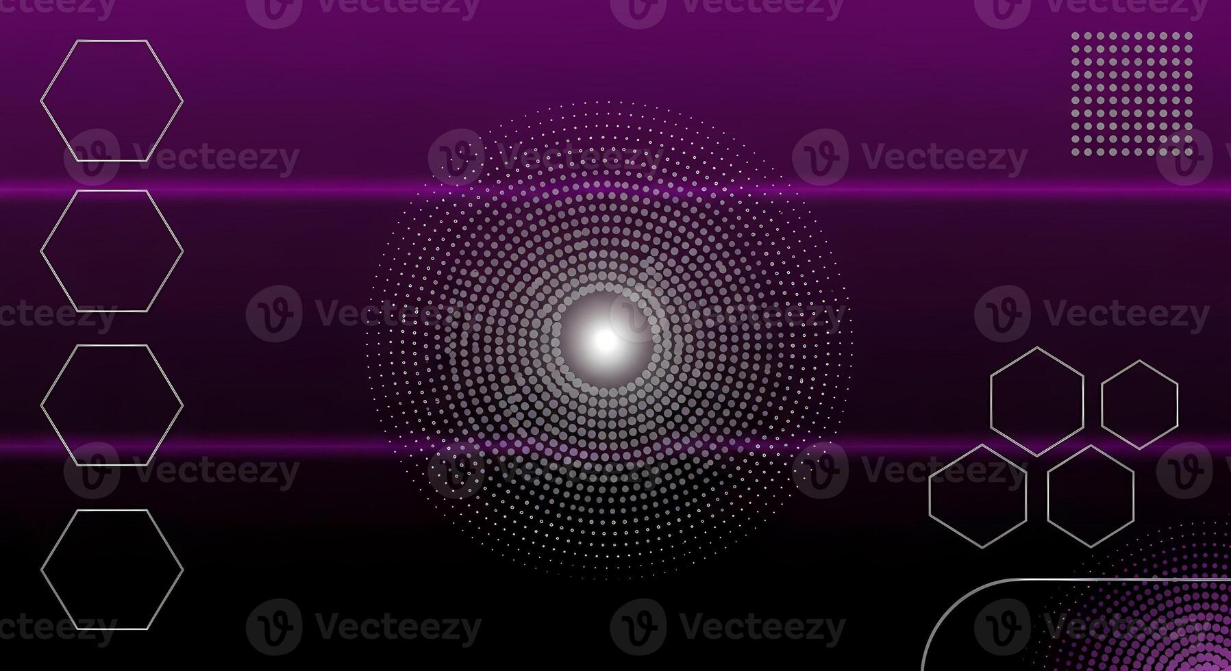 Abstract Futuristic Hexagon and Dot Pattern Background in Purple and Black with Glowing Lens Flare Technology and Science Concept photo