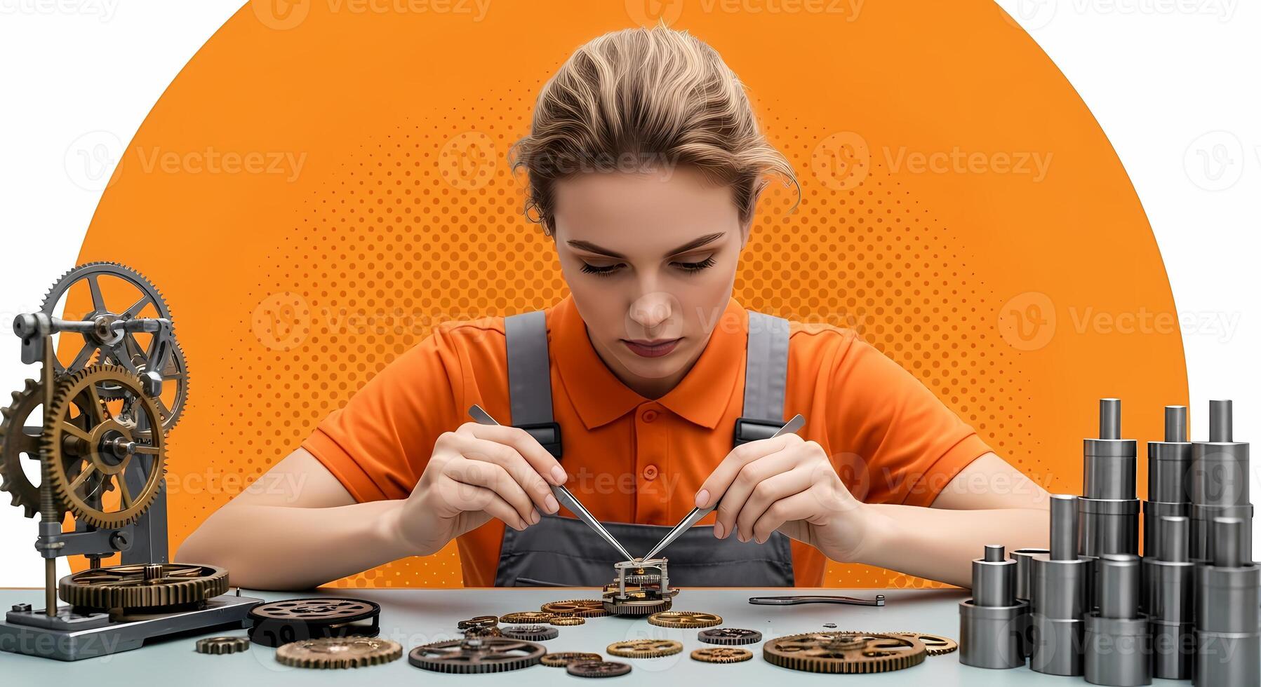Skilled Young Woman Technician Intently Assembling Miniature Clockwork Mechanism with Precision Tools Gears and Components Scattered on Workshop Table photo