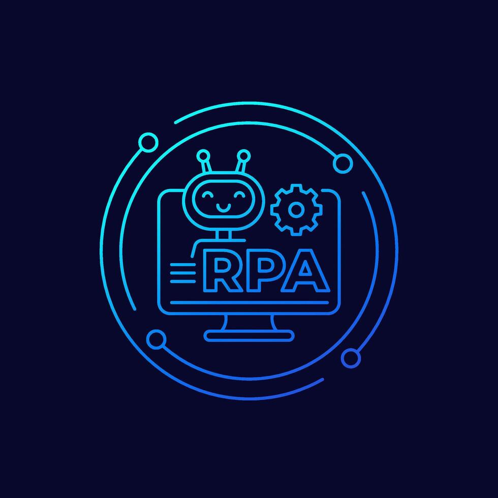 RPA icon with a robot, Robotic process automation, linear design vector
