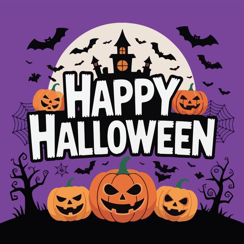 Happy Halloween banner party invitation background with clouds, bats in night sky and full moon in paper cut style. illustration. Place for text. Spooky ghost in clouds fog poster template vector