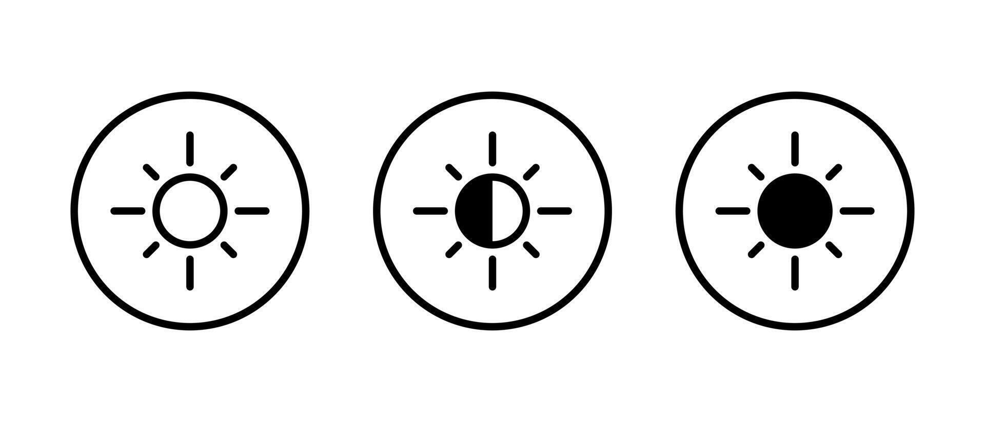 Brightness sun icon set in circular outline. Light and dark mode display symbol vector