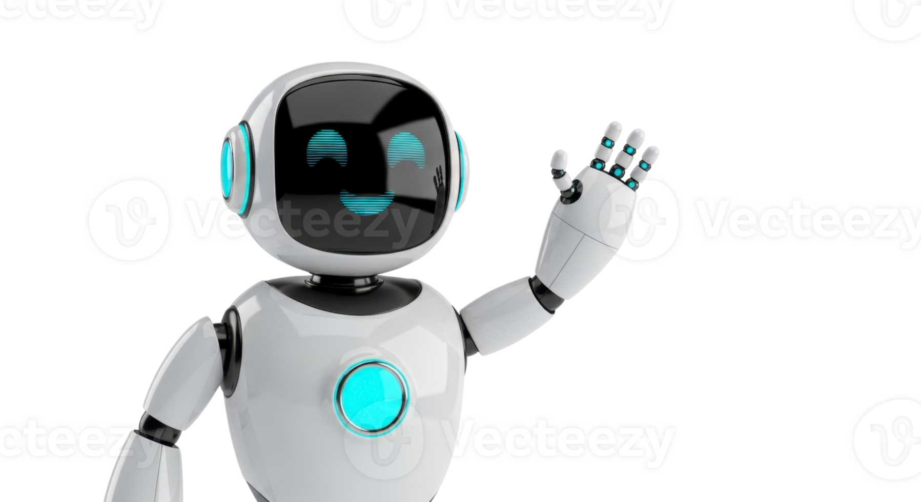 Friendly AI robot with an expressive digital smile and waving hand, symbolizing future-forward interaction, digital assistance, and innovative technology in a modern connected world png