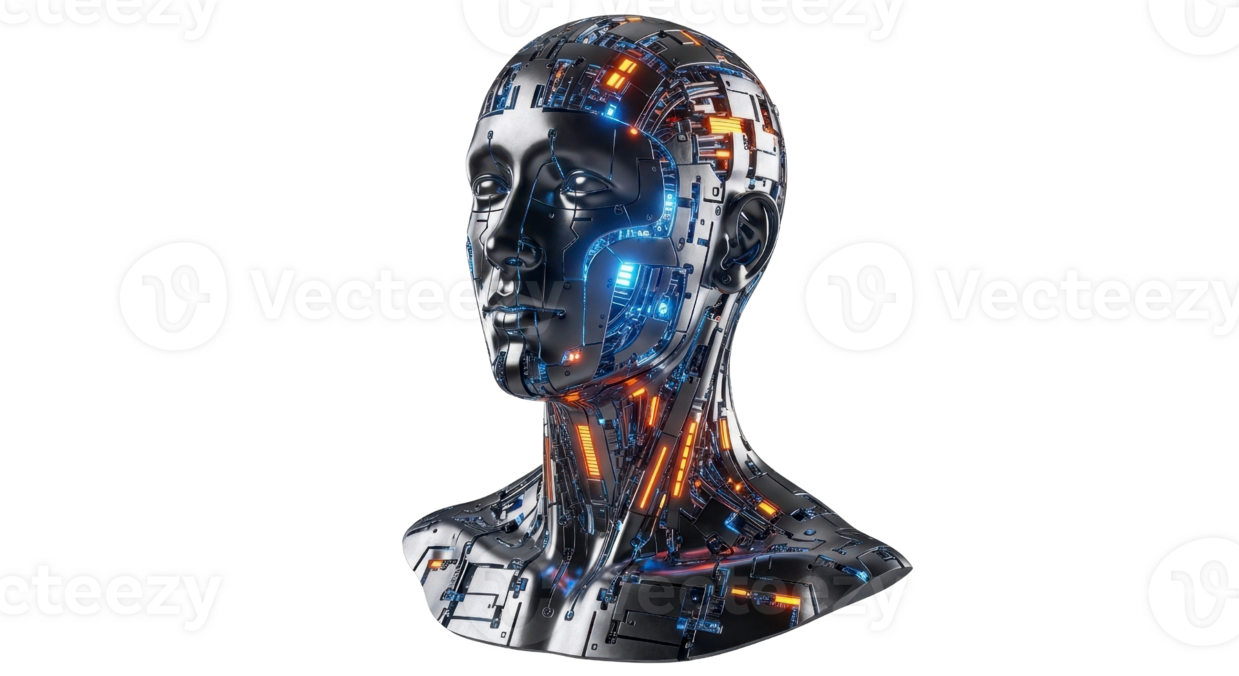 elegante metallico umano testa con intricato raggiante circuiti, incarnando bordo tagliente artificiale intelligenza, cibernetico progressi, e il digitale Evoluzione di tecnologia e robotica png