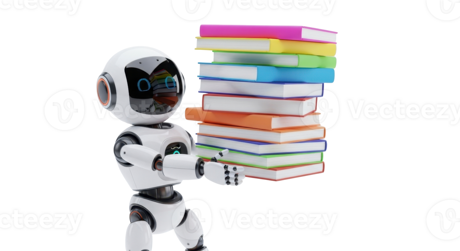 A sleek, intelligent robot holds a large stack of colorful books, depicting the fusion of artificial intelligence with education, knowledge, and the digital learning era png