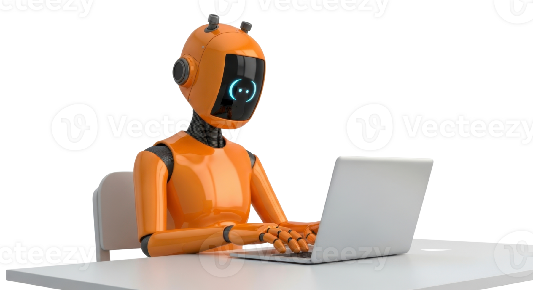 Avanzate arancia umanoide robot diligentemente Lavorando su un' computer portatile, simboleggiante artificiale intelligenza, automazione, e il futuro di digitale compiti e tecnologico sviluppo nel il moderno era png