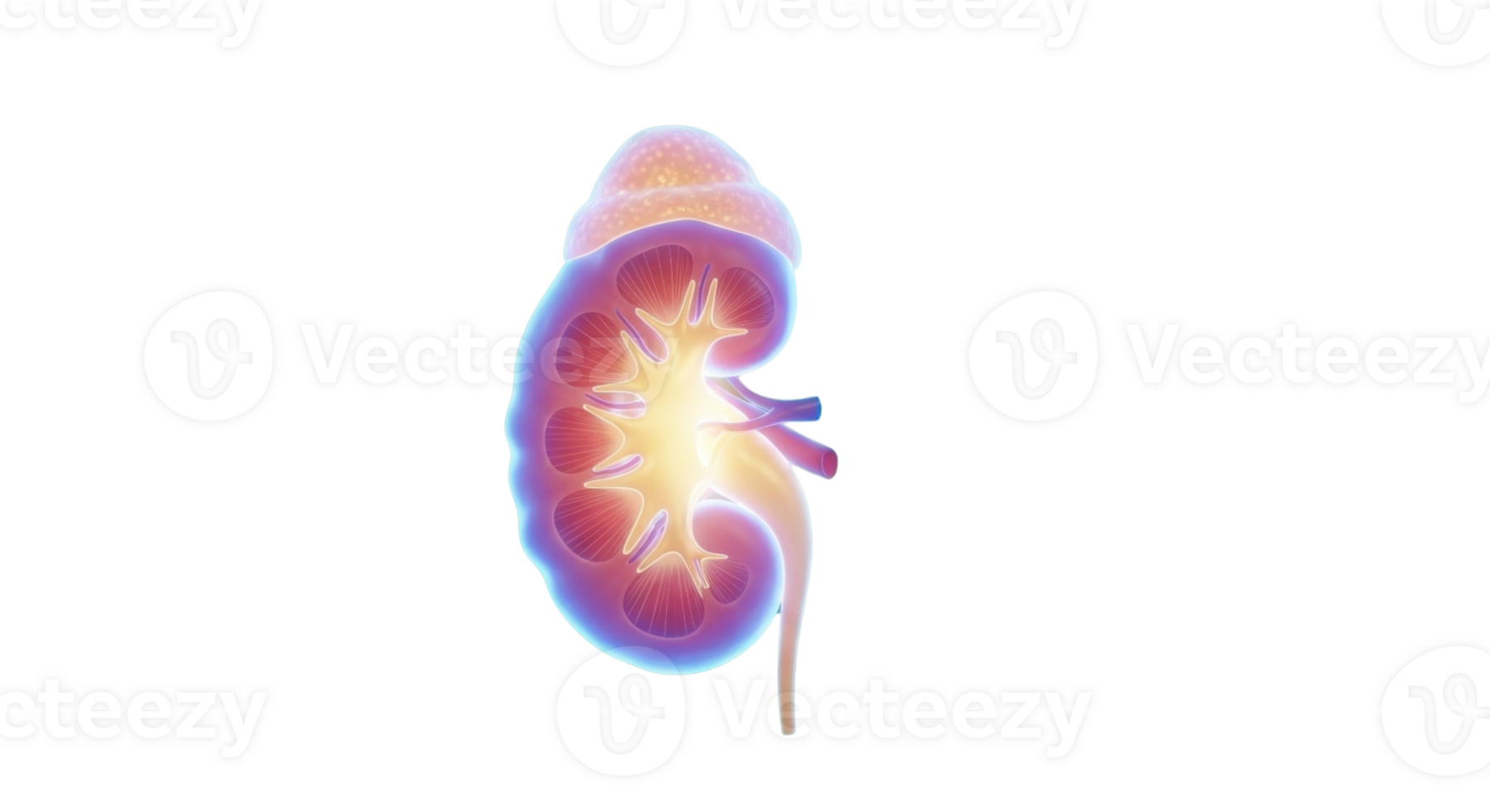 Vibrantly illuminated human kidney, a detailed 3D rendering showcasing the intricate internal structure and essential function of this vital organ, symbolizing health and physiological processes png